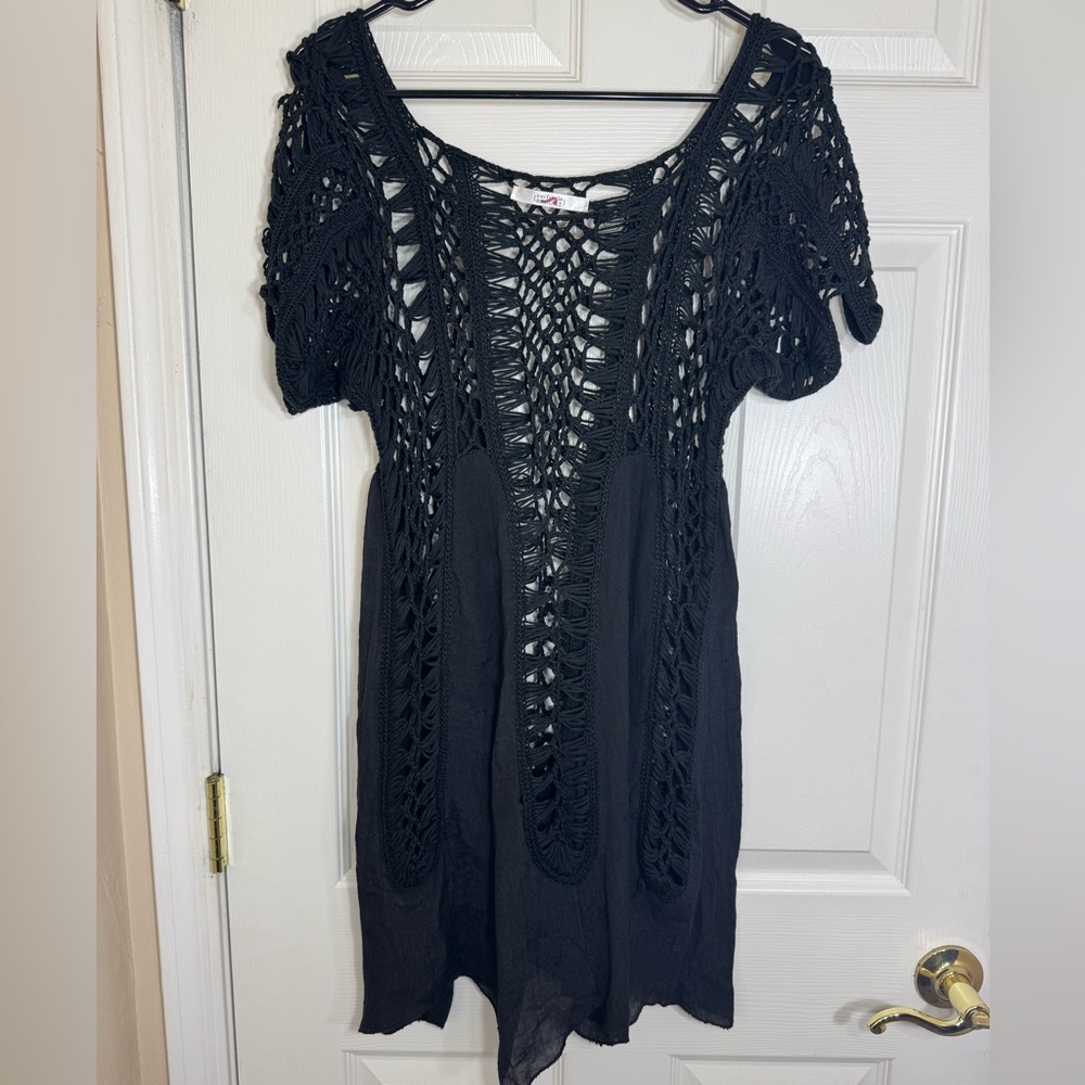Surf Style‎ Resort 100% Cotton Black Crochet Knit Cover Up Boho Mini Dress S/M